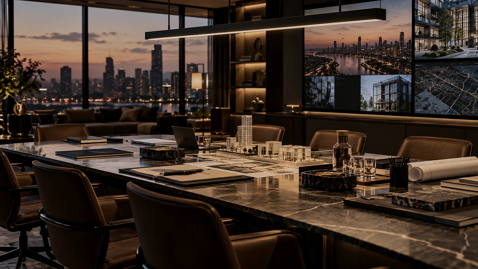 Sala de reuniones ejecutiva con vistas urbanas al atardecer